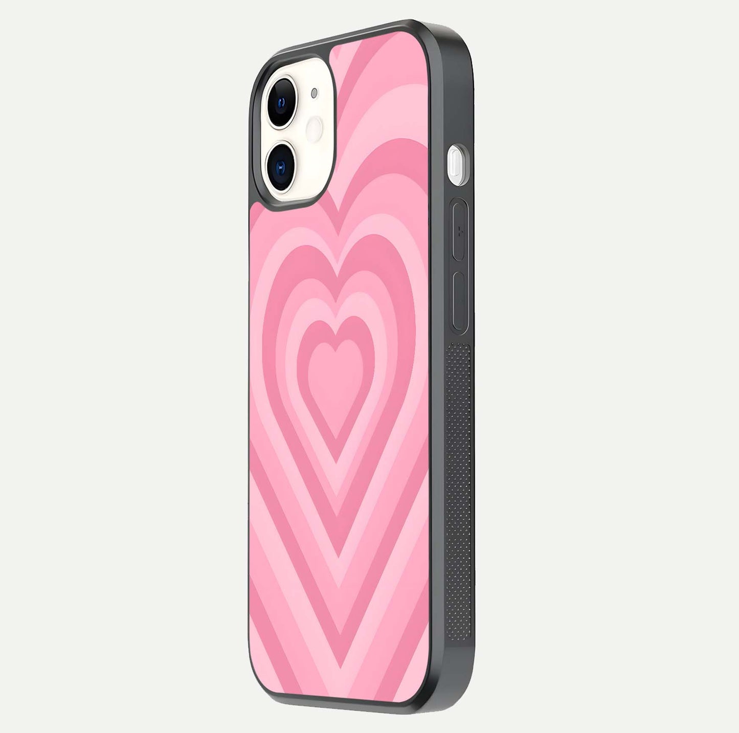 Blush Heart Waves iPhone 12 glass phone case side profile view focusing on smooth edges and elegant wrap