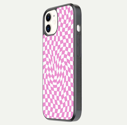 Bubblegum Check Wave iPhone 12 glass phone case side profile view focusing on smooth edges and seamless wrap