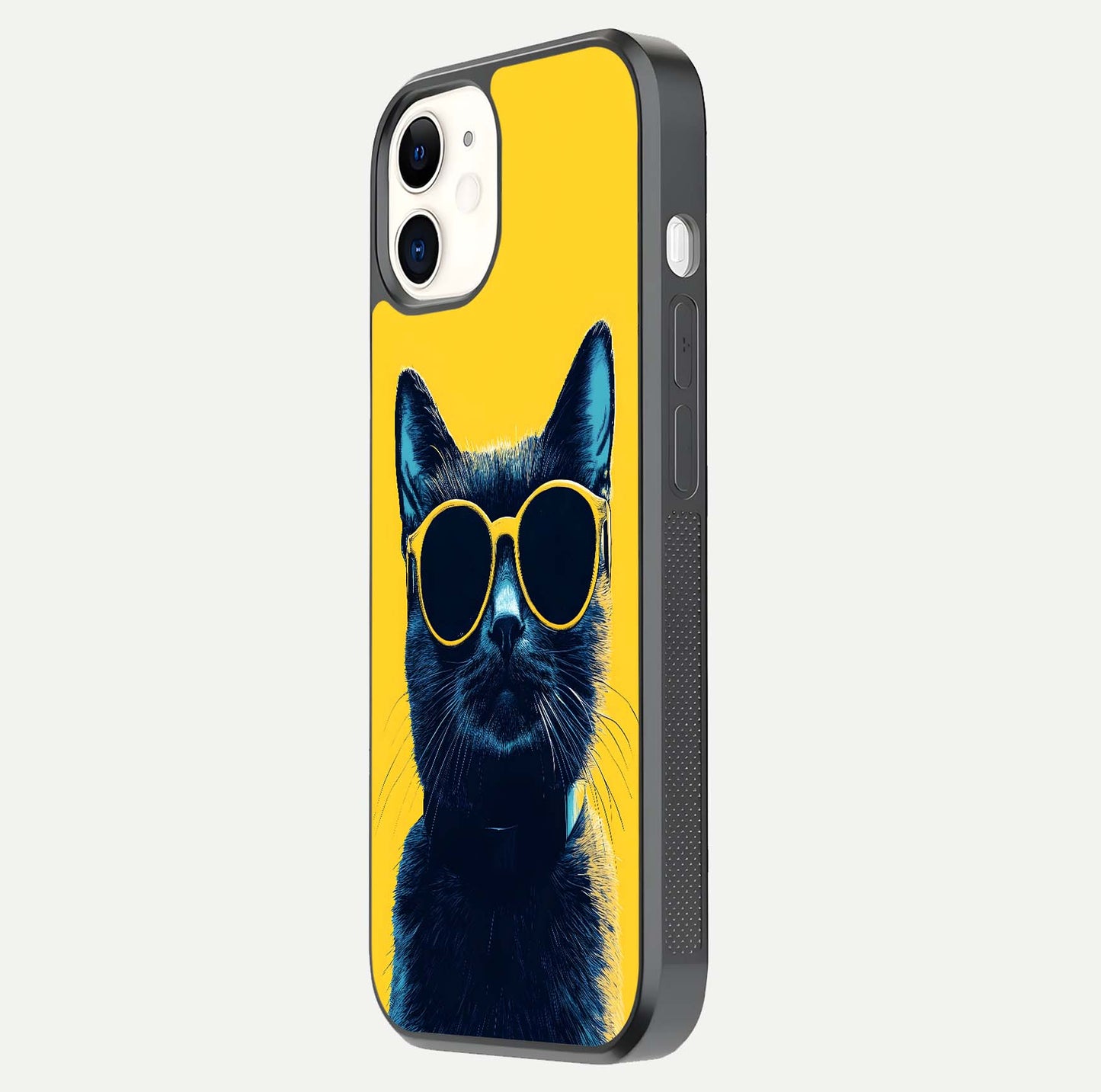 Cool Cat Vibes iPhone 12 glass phone case side profile view focusing on sleek edges and seamless wrap