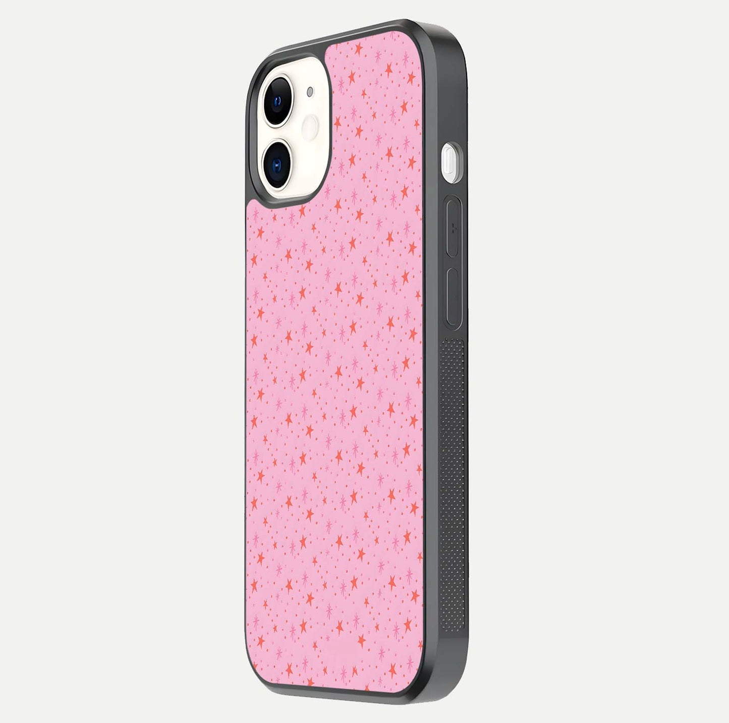 Cosmic Pink Sparkle iPhone 12 glass phone case side profile view focusing on sleek edges and seamless wrap
