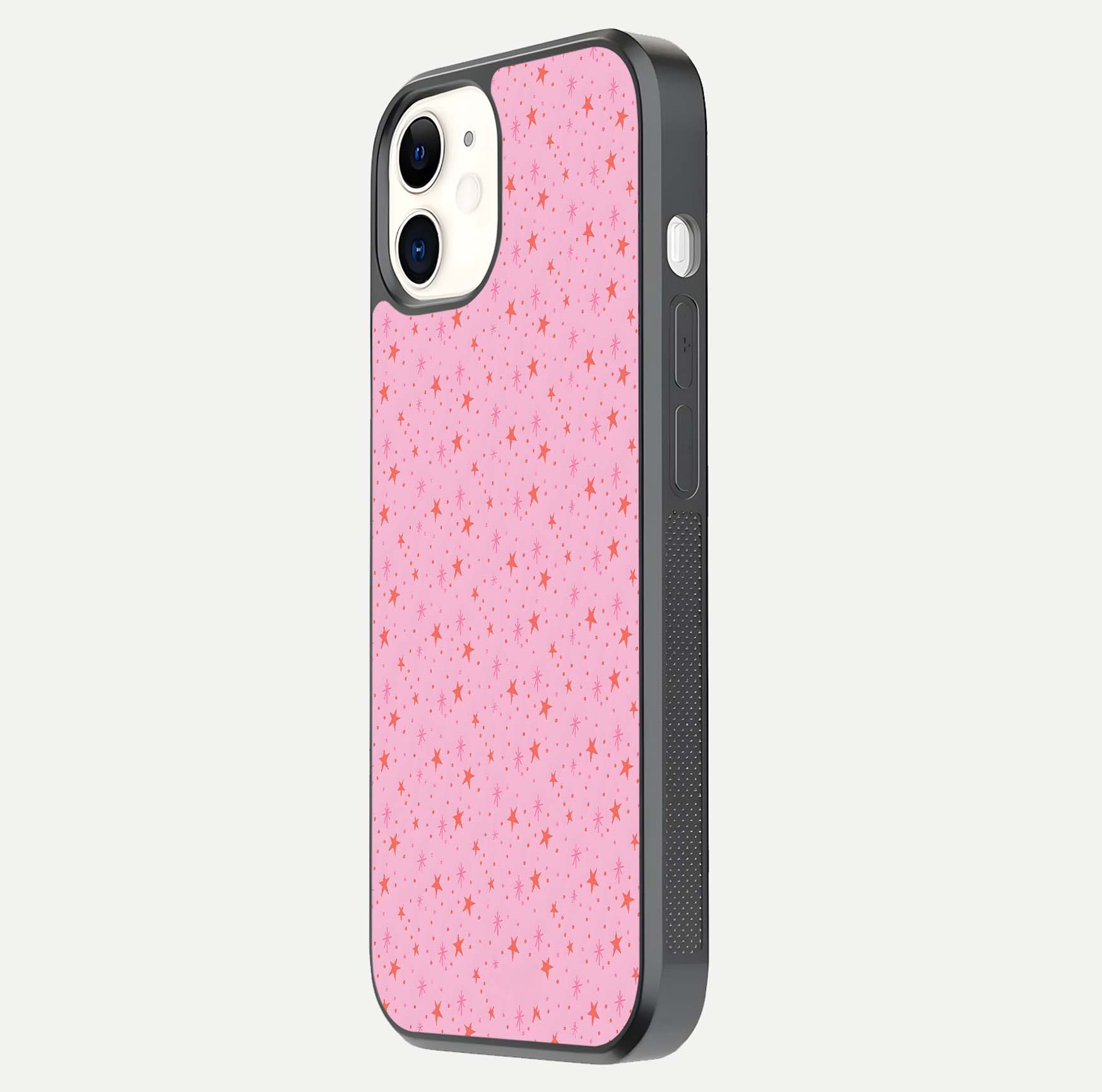 Cosmic Pink Sparkle iPhone 12 glass phone case side profile view focusing on sleek edges and seamless wrap