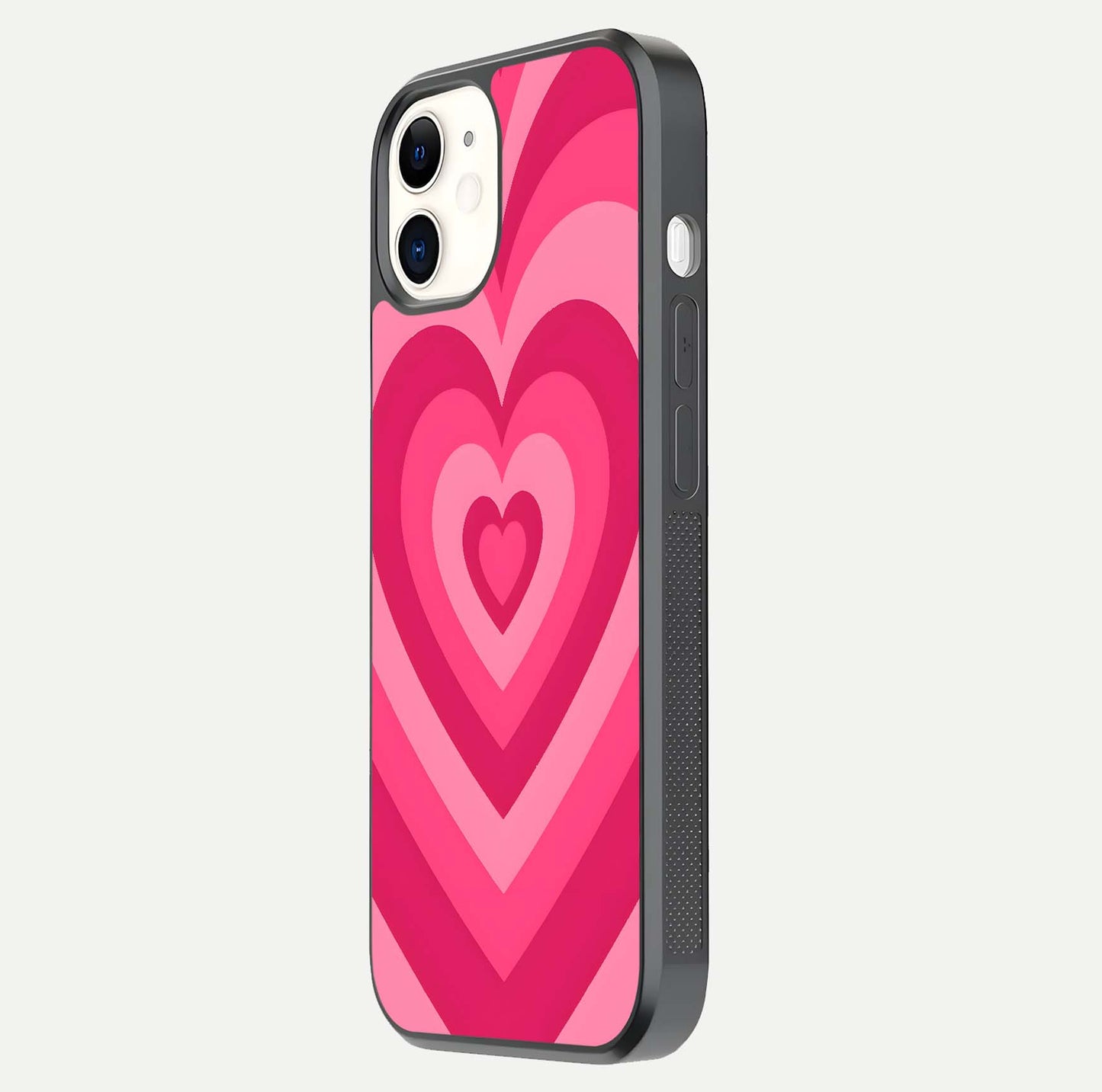 Layered Love Hearts iPhone 12 glass phone case side profile view focusing on sleek edges and seamless wrap