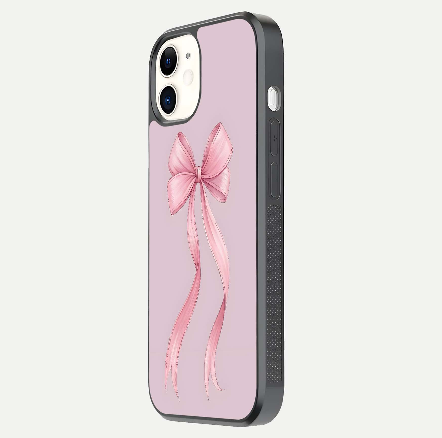 Soft Blush Bow iPhone 12 glass phone case side profile view focusing on sleek edges and seamless wrap