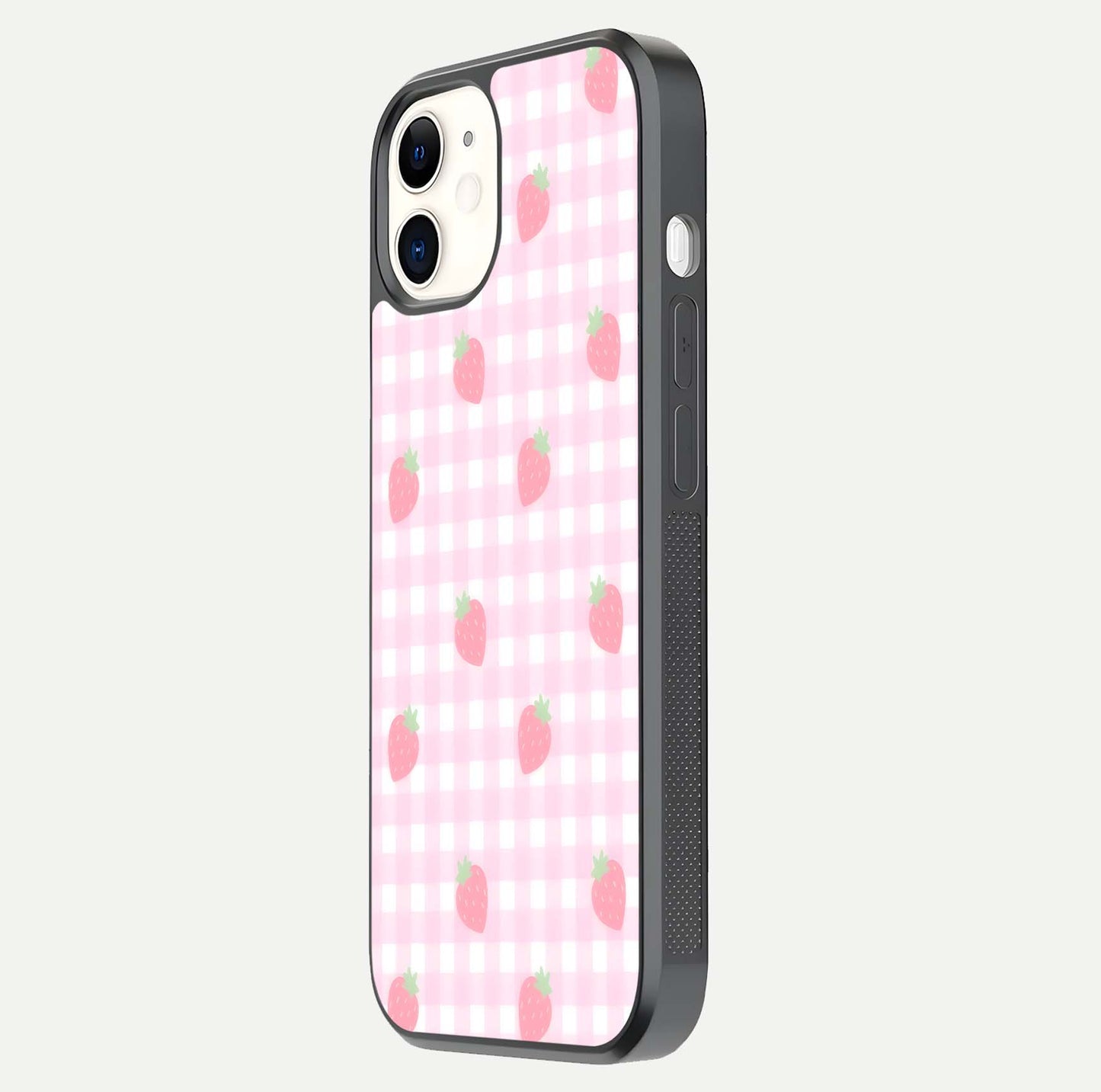 Strawberry Picnic Love iPhone 12 glass phone case side profile view focusing on smooth frame and seamless wrap