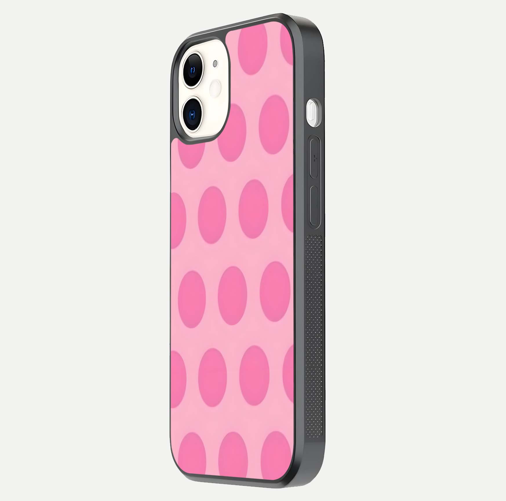 Sweet Dot Dreams iPhone 12 glass phone case side profile view focusing on sleek edges and seamless wrap