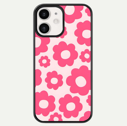 Blush Flower Pop iPhone 12 Mini glass phone case front view featuring playful blush floral artwork with glossy finish