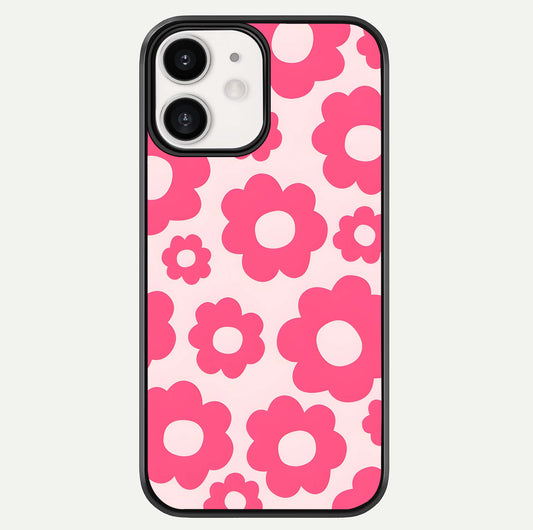 Blush Flower Pop iPhone 12 Mini glass phone case front view featuring playful blush floral artwork with glossy finish