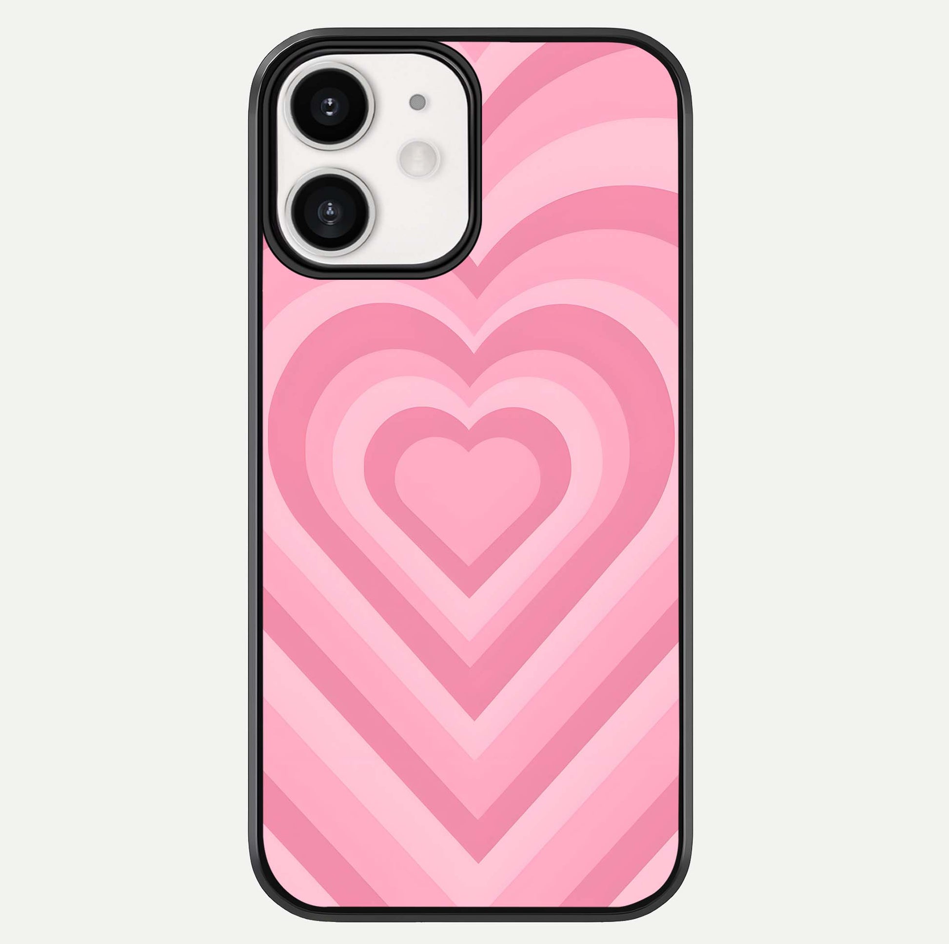 Blush Heart Waves iPhone 12 Mini glass phone case front view showcasing flowing heart wave patterns in soft blush tones