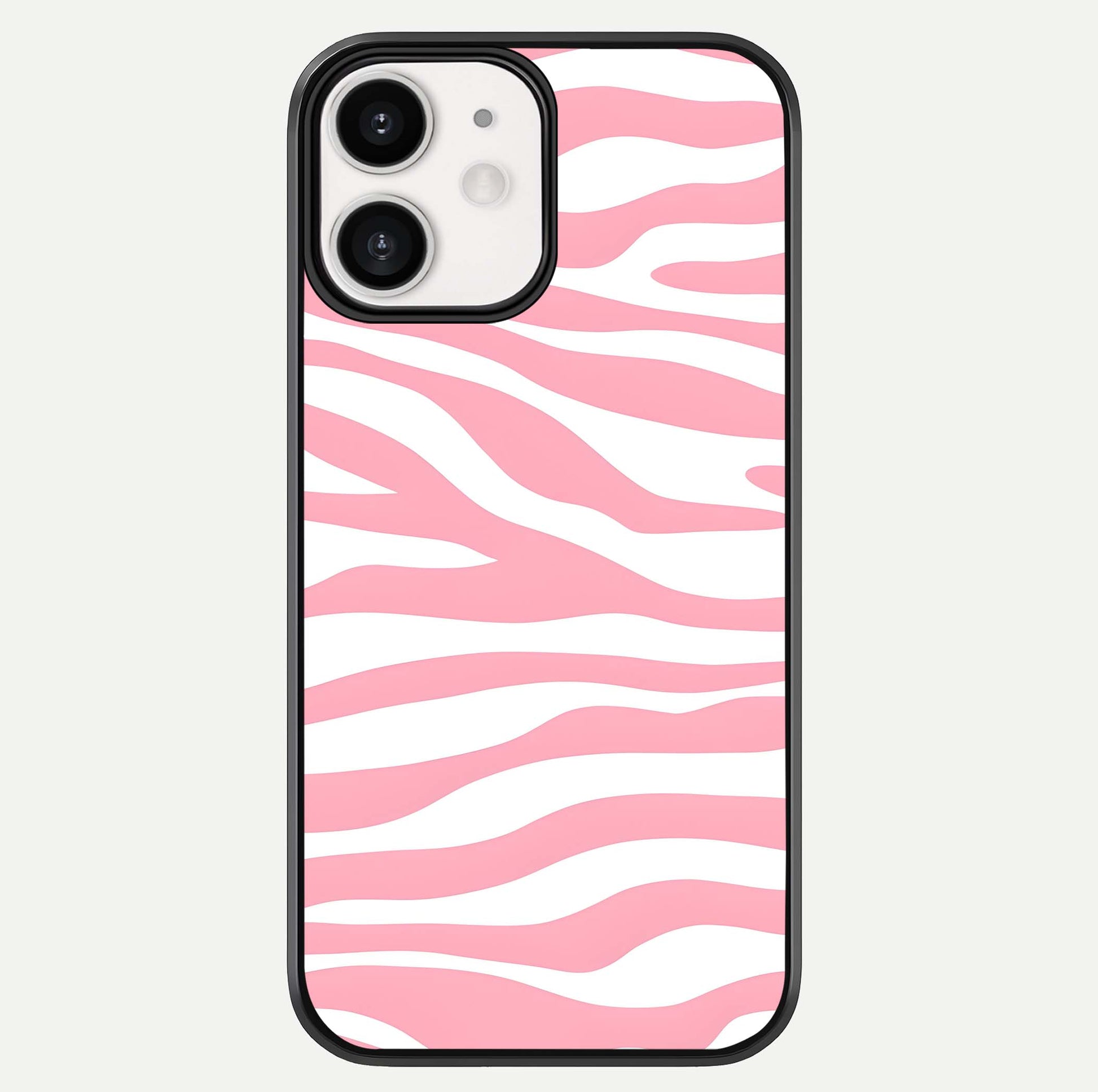 Blush Zebra Flow iPhone 12 Mini glass phone case front view featuring modern zebra flow pattern in blush tones