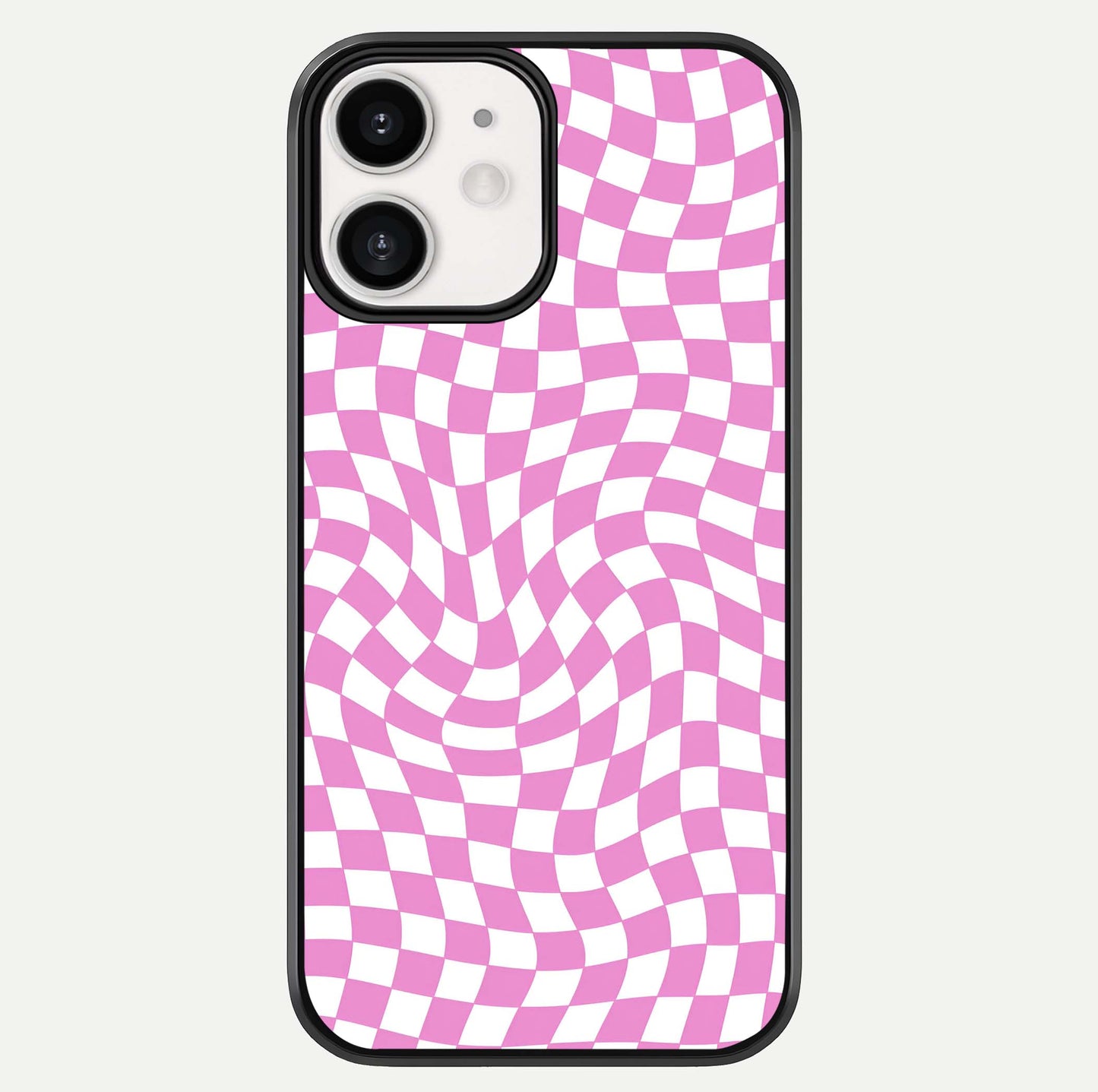 Bubblegum Check Wave iPhone 12 Mini glass phone case front view showcasing playful bubblegum check wave pattern with glossy finish