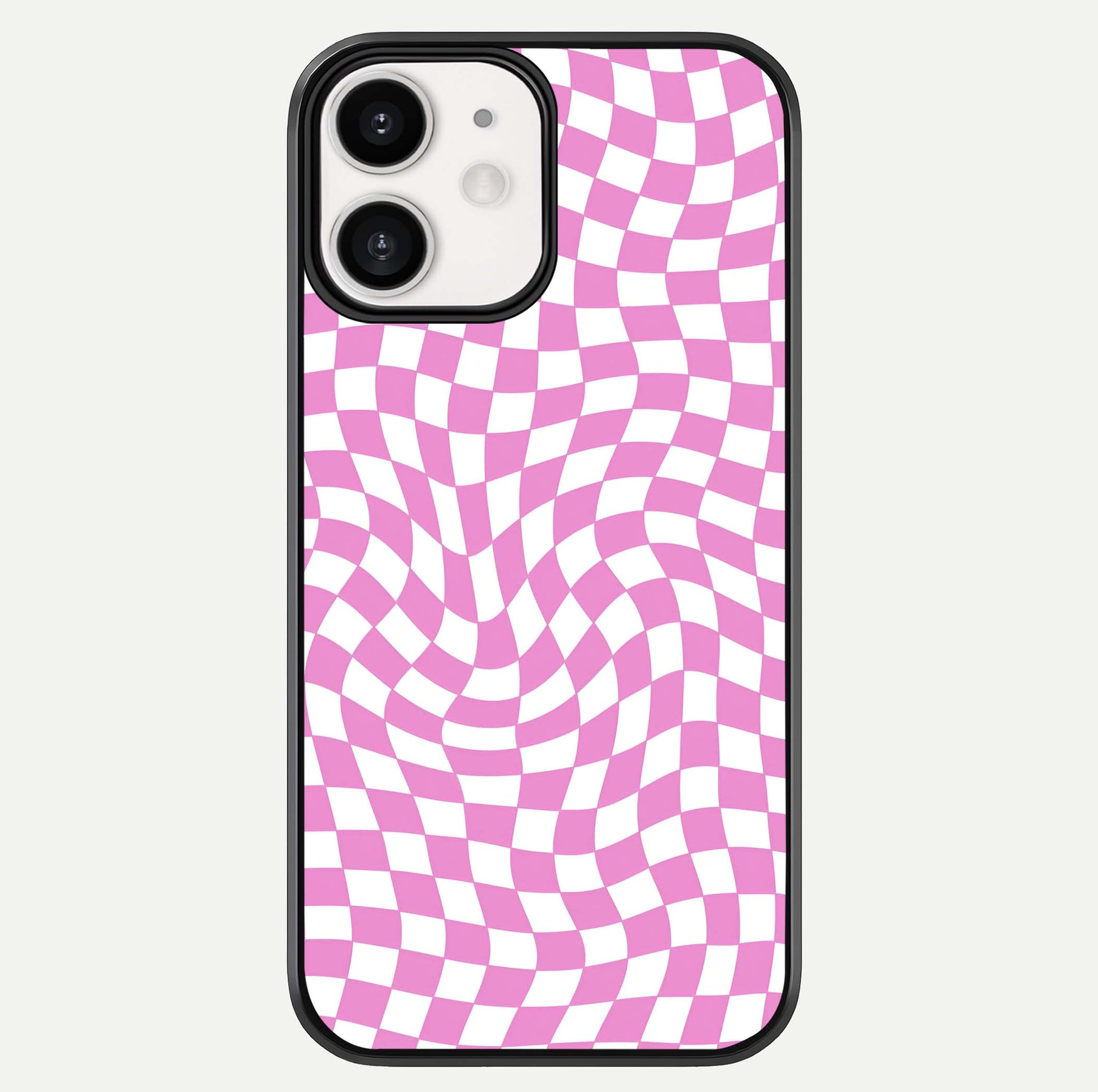 Bubblegum Check Wave iPhone 12 Mini glass phone case front view showcasing playful bubblegum check wave pattern with glossy finish