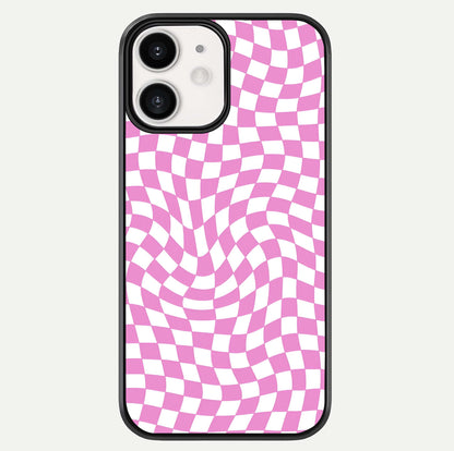 Bubblegum Check Wave iPhone 12 Mini glass phone case front view showcasing playful bubblegum check wave pattern with glossy finish