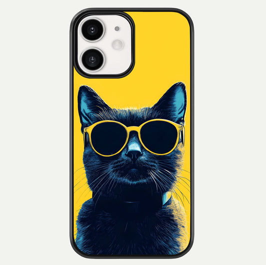 Cool Cat Vibes iPhone 12 Mini glass phone case front view featuring playful cat illustration with cool aesthetic tones