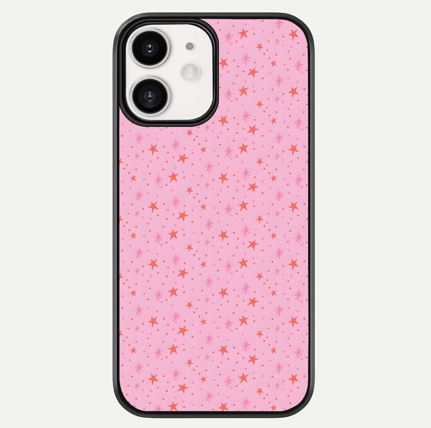 Cosmic Pink Sparkle iPhone 12 Mini glass phone case front view showcasing shimmering pink cosmic artwork with glossy finish