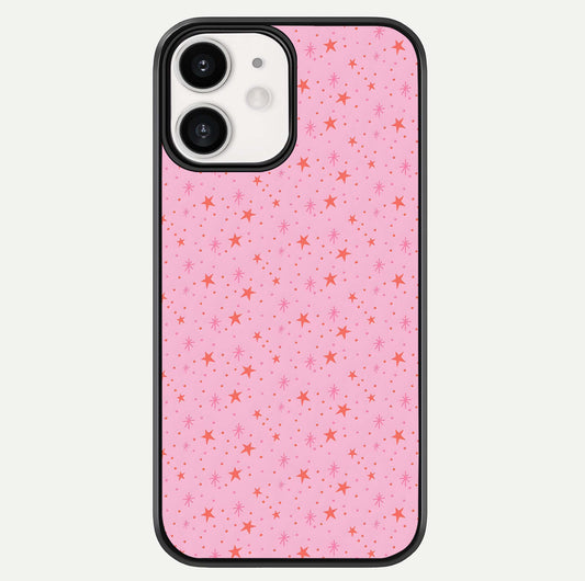Cosmic Pink Sparkle iPhone 12 Mini glass phone case front view showcasing shimmering pink cosmic artwork with glossy finish