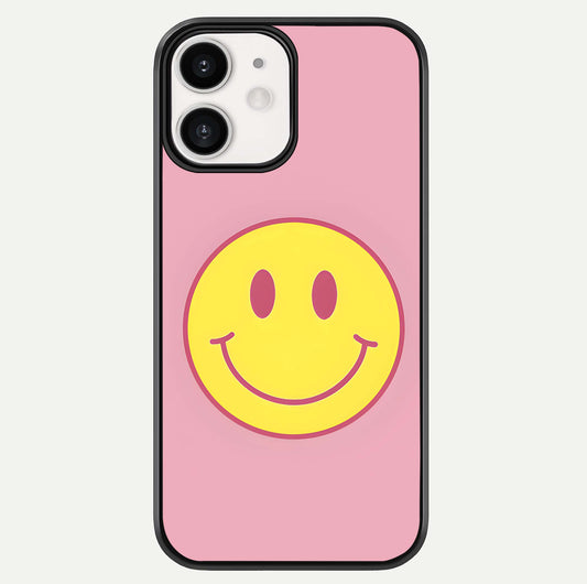 Happy Pink Mood iPhone 12 Mini glass phone case front view featuring cheerful pink tones and playful aesthetic design