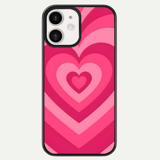 Layered Love Hearts iPhone 12 Mini glass phone case front view showcasing layered heart patterns with romantic aesthetic