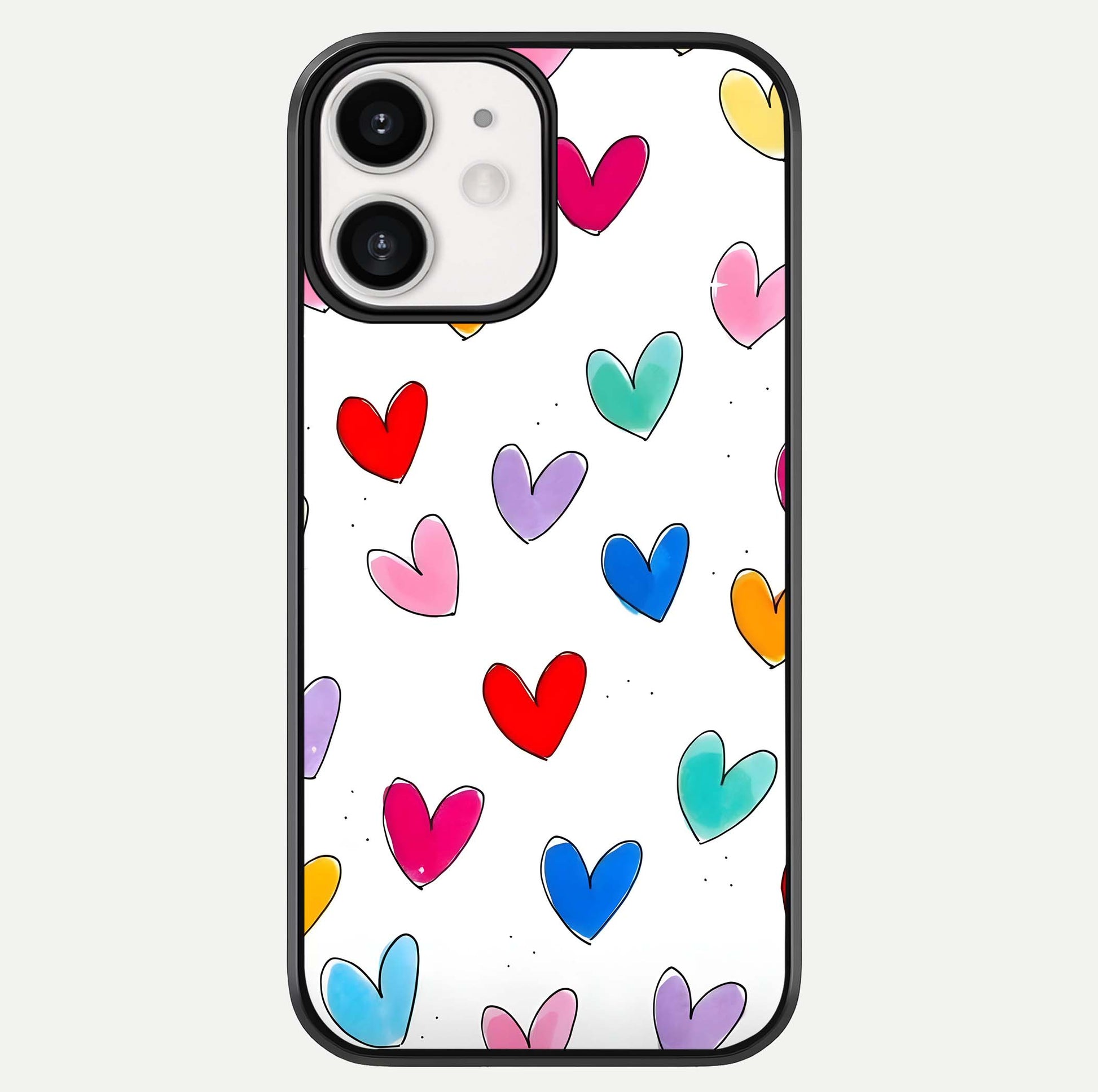 Playful Love Doodles iPhone 12 Mini glass phone case front view featuring cute love doodle illustrations with fun vibe