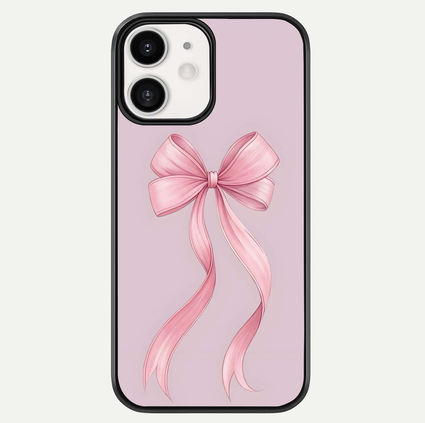 Soft Blush Bow iPhone 12 Mini glass phone case front view showcasing soft blush tones with elegant bow design