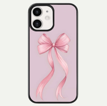 Soft Blush Bow iPhone 12 Mini glass phone case front view showcasing soft blush tones with elegant bow design
