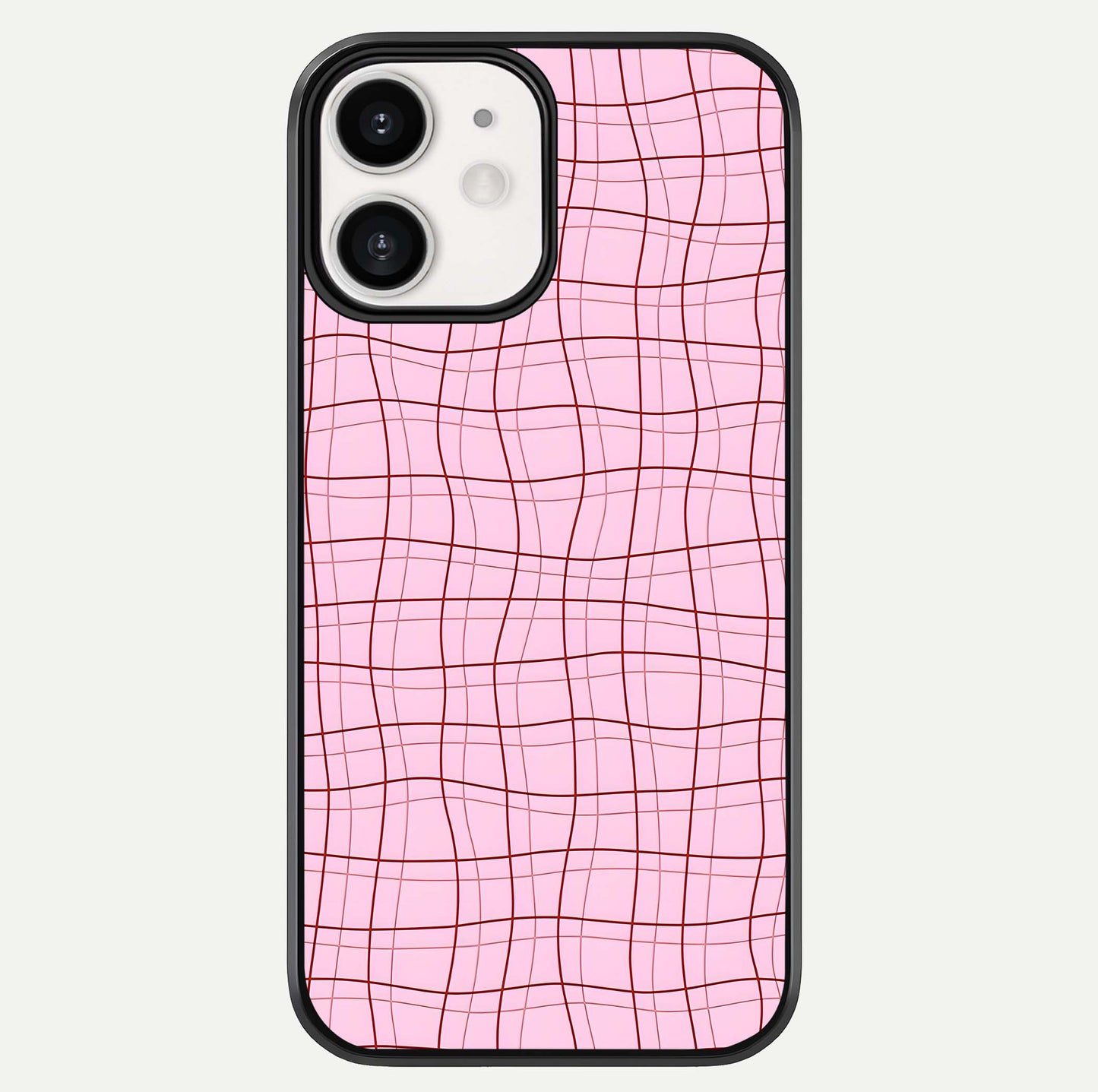 Soft Grid Bliss iPhone 12 Mini glass phone case front view showcasing minimal grid pattern with soft aesthetic