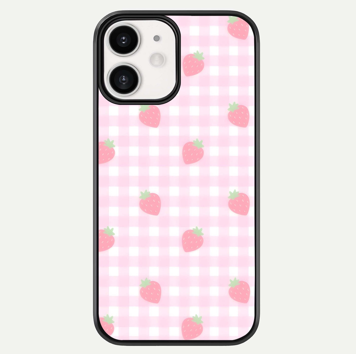 Strawberry Picnic Love iPhone 12 Mini glass phone case front view featuring cute strawberry picnic artwork with romantic vibe