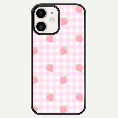 Strawberry Picnic Love iPhone 12 Mini glass phone case front view featuring cute strawberry picnic artwork with romantic vibe