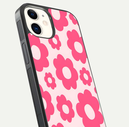 Blush Flower Pop iPhone 12 Mini glass phone case angled back view highlighting bright floral pop design and side grip texture
