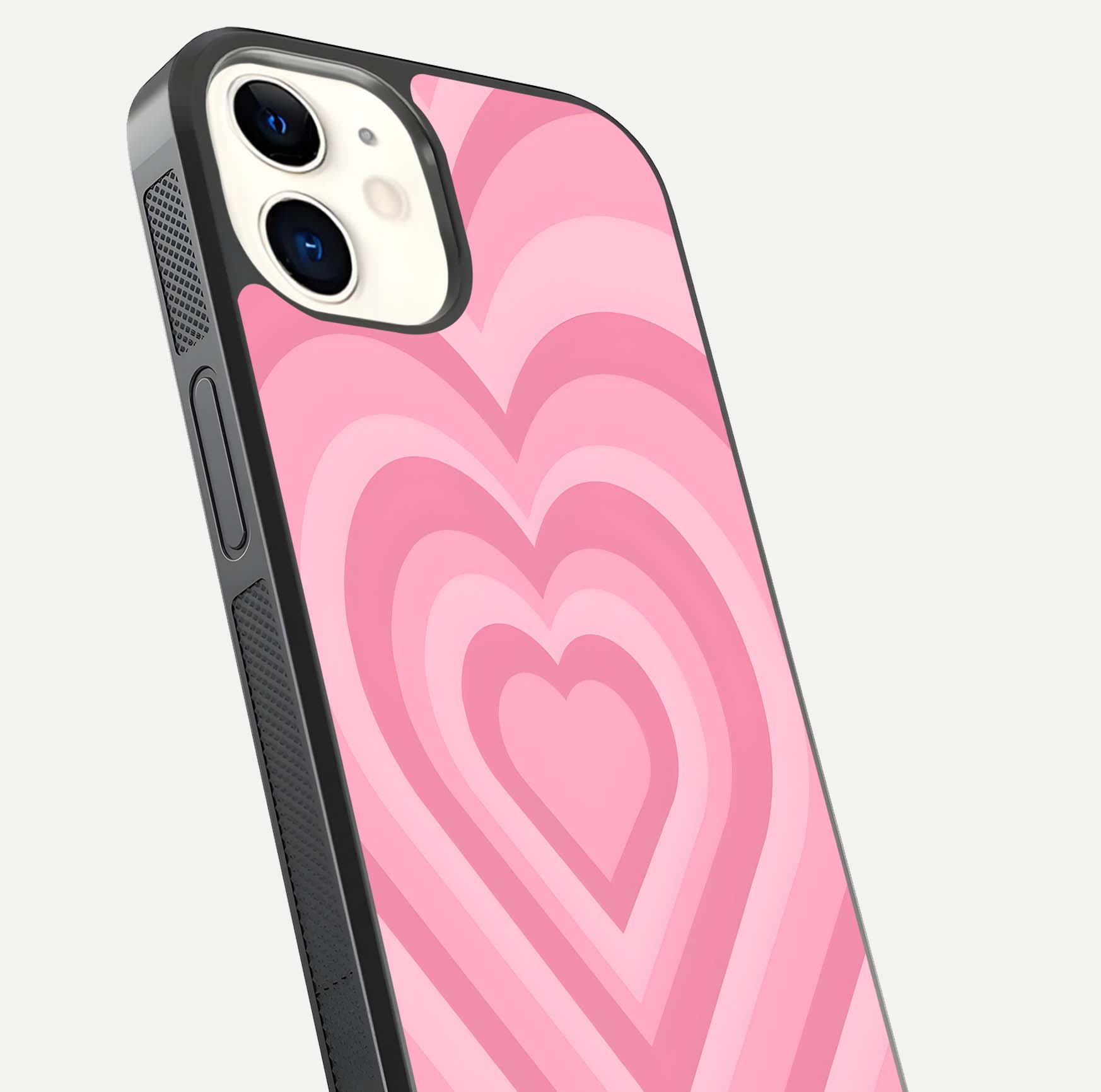 Blush Heart Waves iPhone 12 Mini glass phone case angled back view highlighting romantic heart wave artwork and grip texture