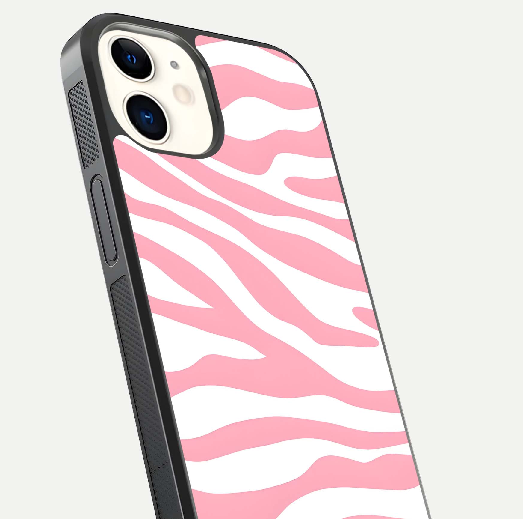 Blush Zebra Flow iPhone 12 Mini glass phone case angled back view highlighting bold zebra artwork and textured side grip