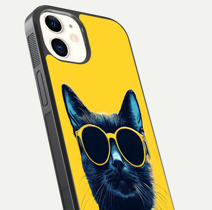 Cool Cat Vibes iPhone 12 Mini glass phone case angled back view highlighting cat artwork and textured side grip