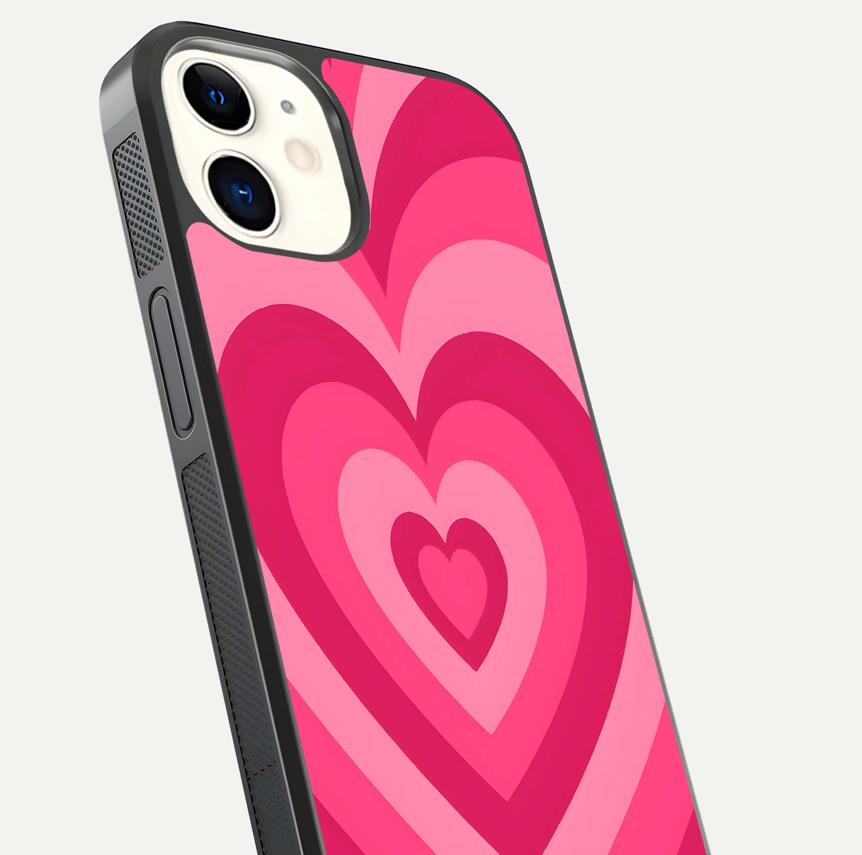 Layered Love Hearts iPhone 12 Mini glass phone case angled back view highlighting heart artwork and textured grip edges
