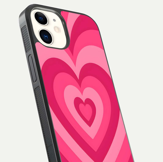 Layered Love Hearts iPhone 12 Mini glass phone case angled back view highlighting heart artwork and textured grip edges