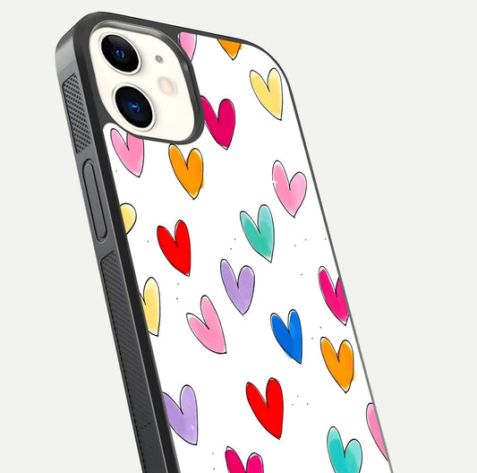 Playful Love Doodles iPhone 12 Mini glass phone case angled back view highlighting doodle artwork and textured grip edges