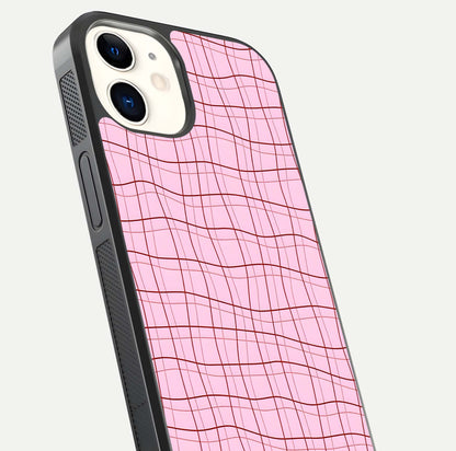 Soft Grid Bliss iPhone 12 Mini glass phone case angled back view highlighting grid artwork and side grip texture