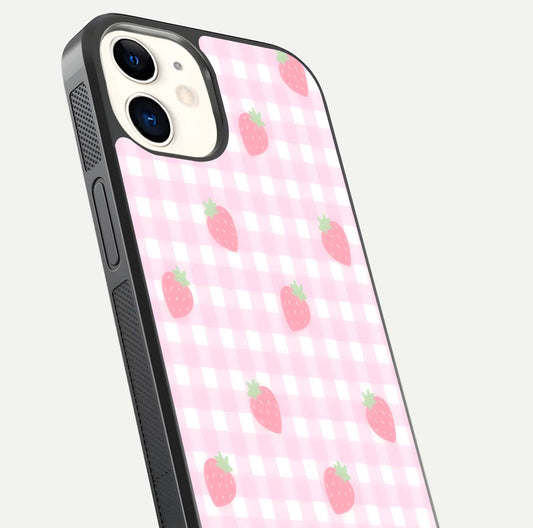 Strawberry Picnic Love iPhone 12 Mini glass phone case angled back view highlighting strawberry illustrations and textured grip