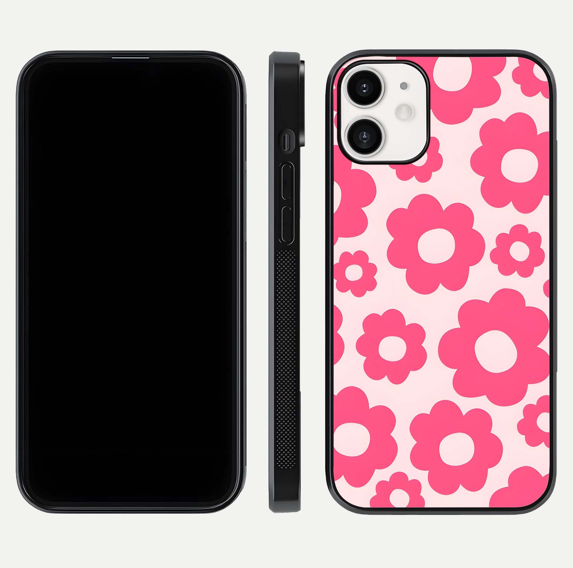 Blush Flower Pop iPhone 12 Mini glass phone case front and side layout view showing slim profile and full floral coverage