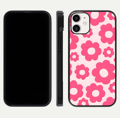 Blush Flower Pop iPhone 12 Mini glass phone case front and side layout view showing slim profile and full floral coverage
