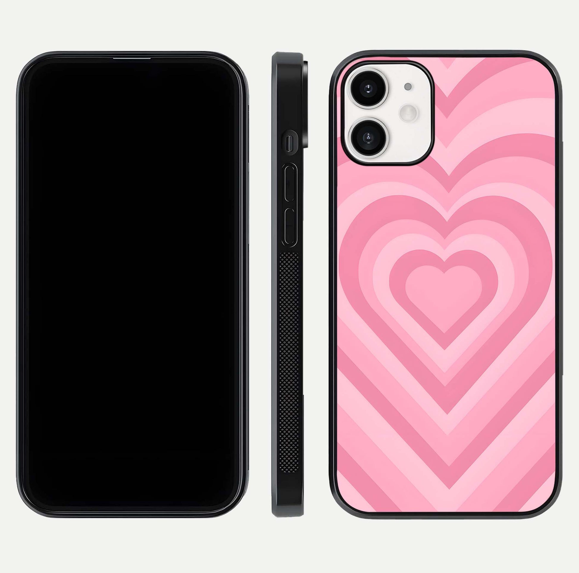 Blush Heart Waves iPhone 12 Mini glass phone case front and side layout view displaying slim frame and full heart pattern