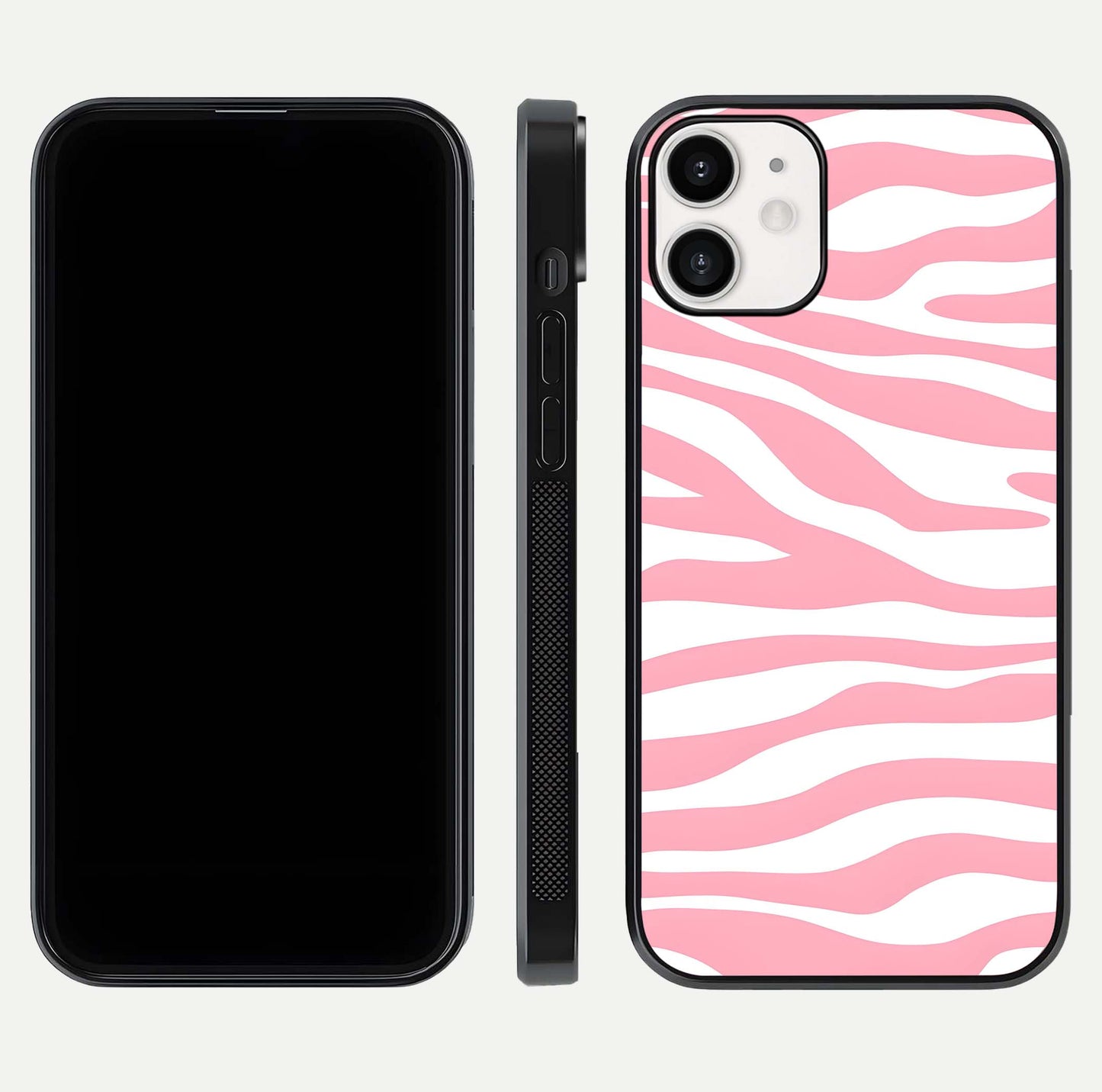 Blush Zebra Flow iPhone 12 Mini glass phone case front and side layout view showing slim build and flowing pattern coverage