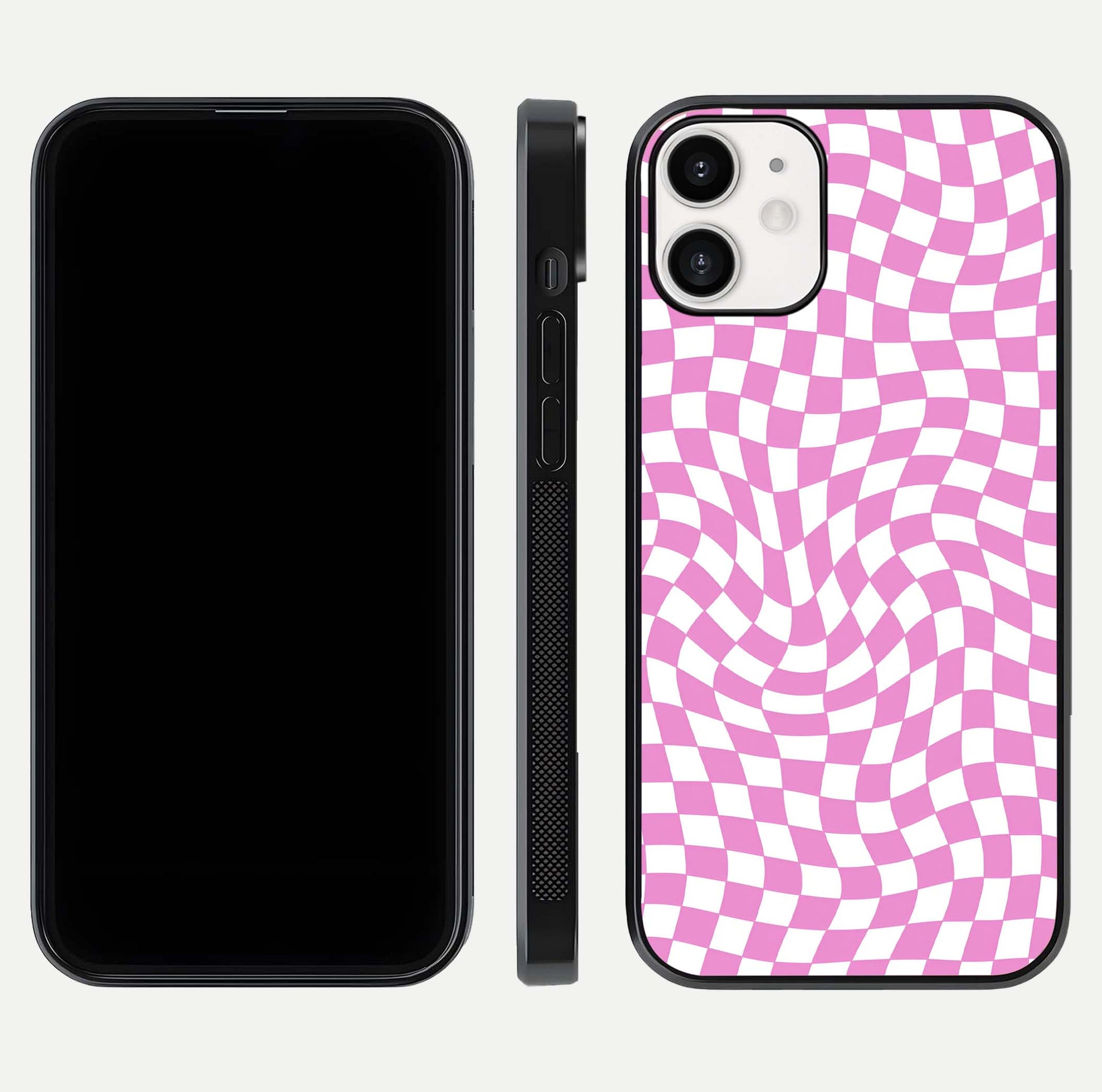 Bubblegum Check Wave iPhone 12 Mini glass phone case front and side layout view displaying slim profile and full pattern coverage