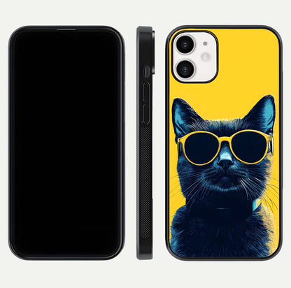 Cool Cat Vibes iPhone 12 Mini glass phone case front and side layout view showing slim frame and full design coverage