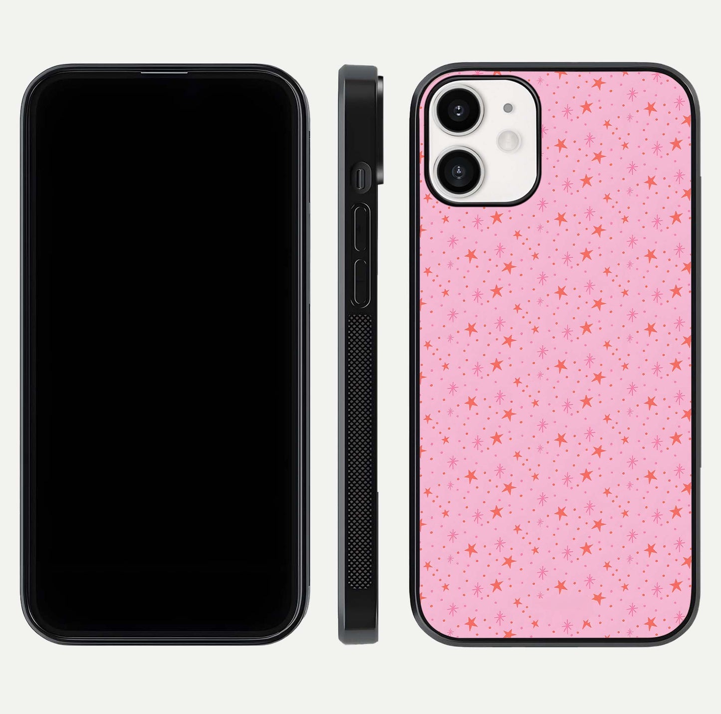 Cosmic Pink Sparkle iPhone 12 Mini glass phone case front and side layout view displaying slim profile and full cosmic coverage