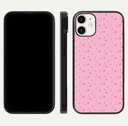 Cosmic Pink Sparkle iPhone 12 Mini glass phone case front and side layout view displaying slim profile and full cosmic coverage