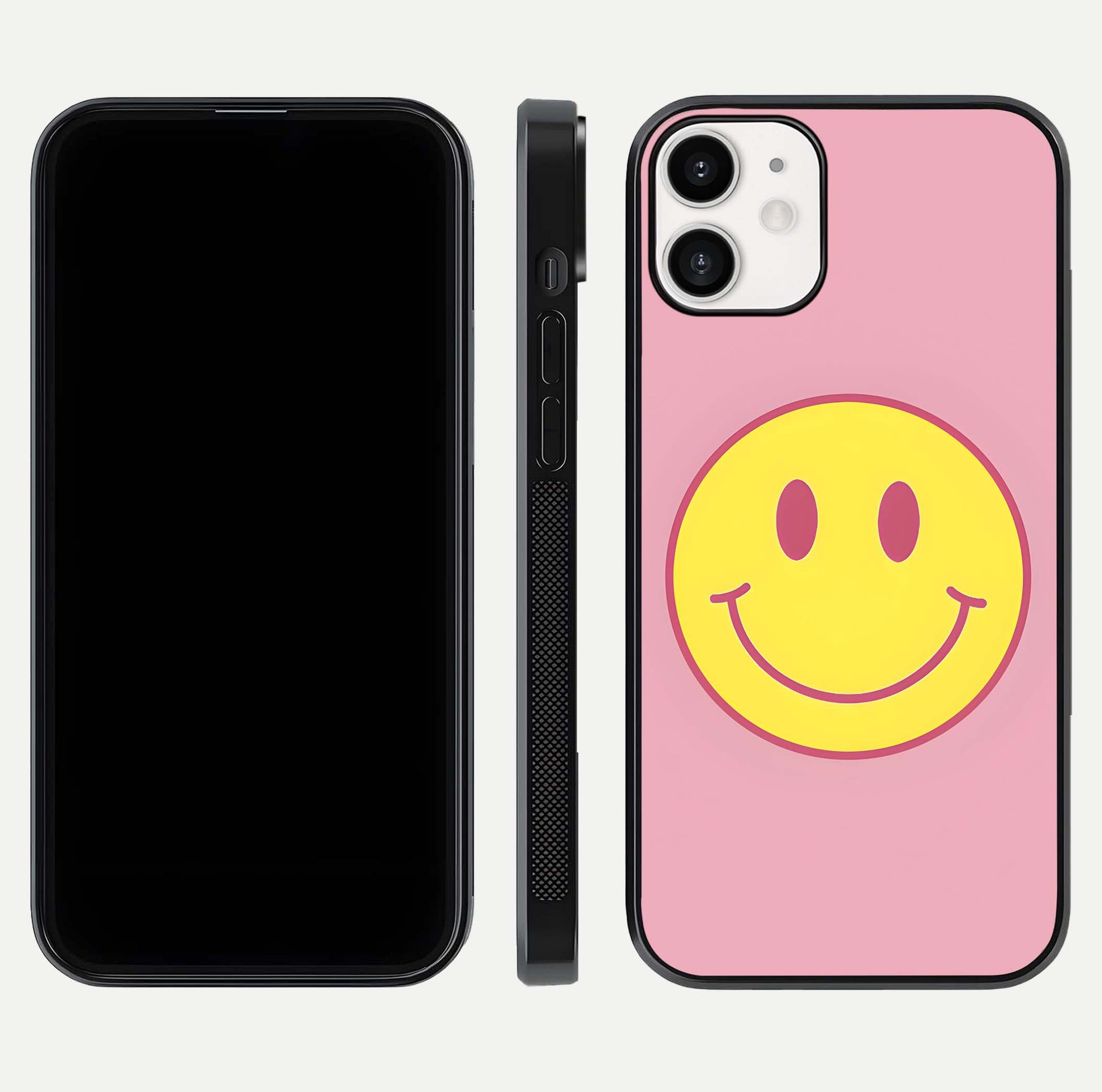 Happy Pink Mood iPhone 12 Mini glass phone case front and side layout view showing slim build and full pink coverage