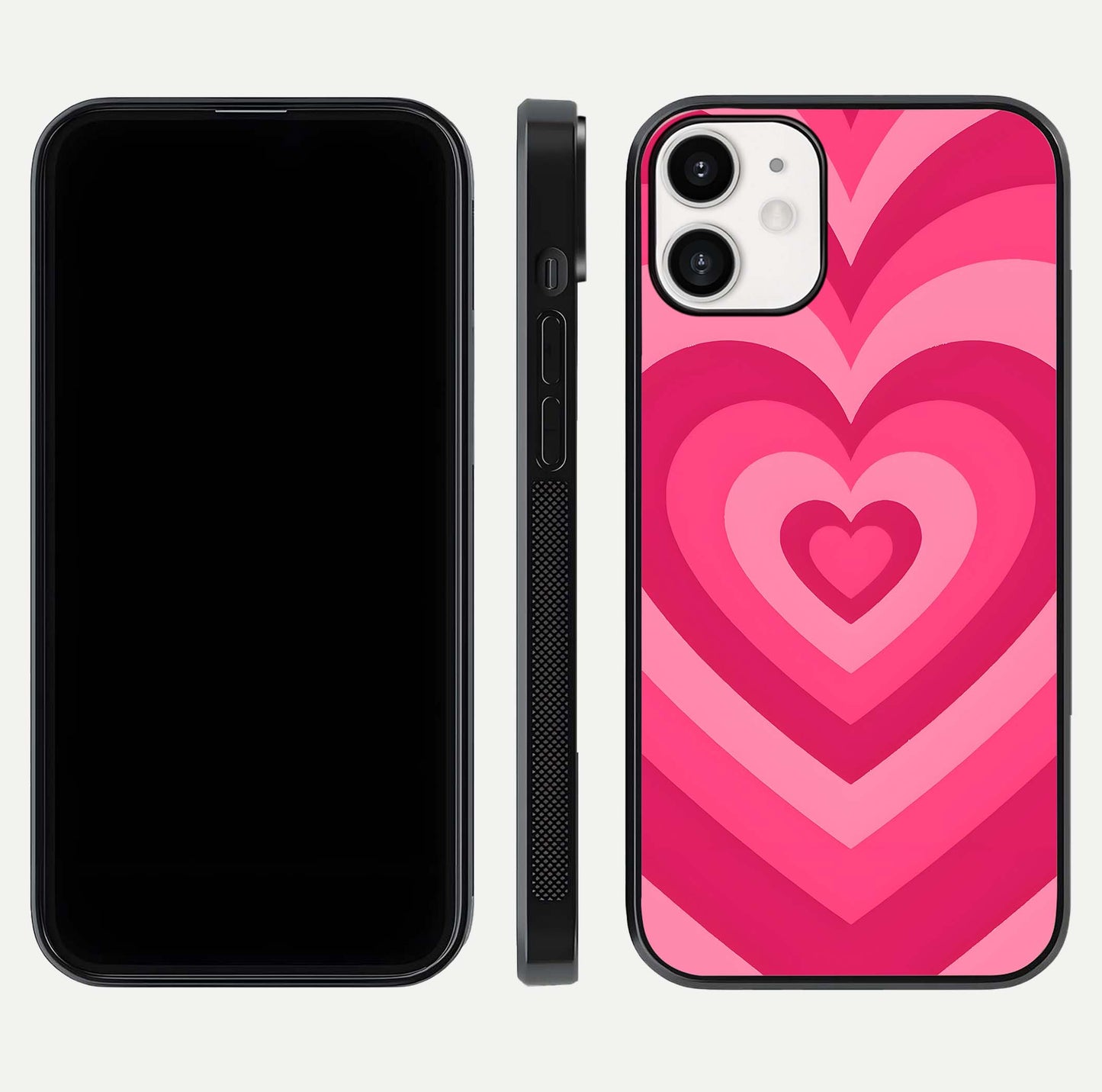 Layered Love Hearts iPhone 12 Mini glass phone case front and side layout view displaying slim profile and full heart design