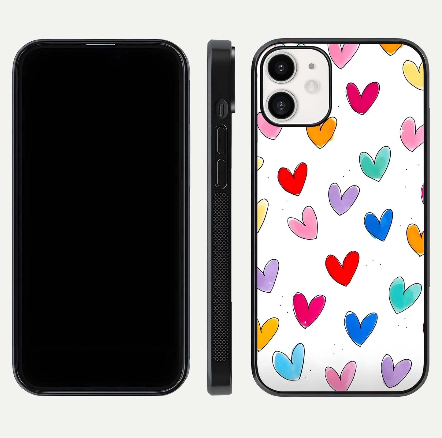 Playful Love Doodles iPhone 12 Mini glass phone case front and side layout view showing slim build and full doodle coverage