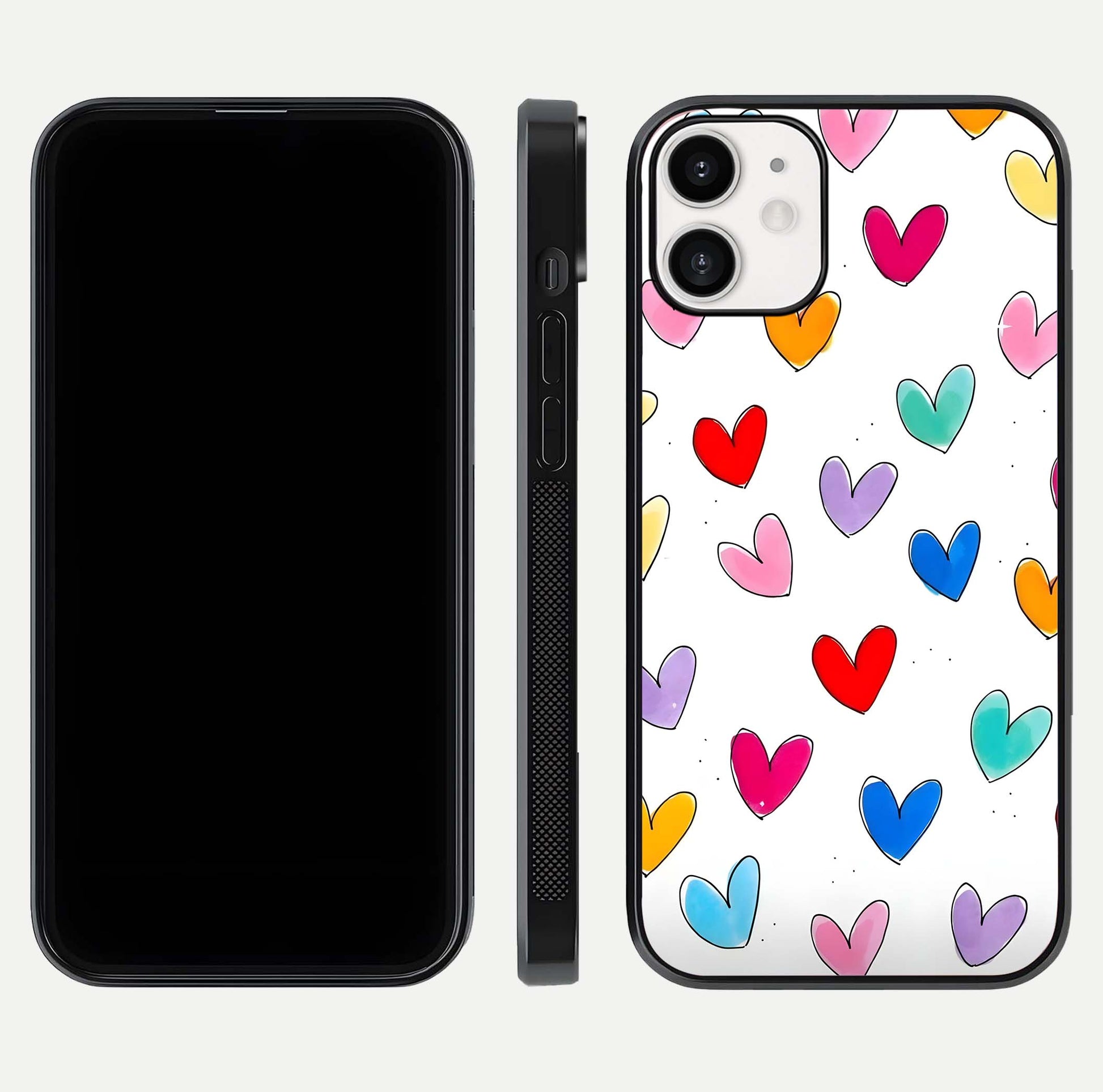 Playful Love Doodles iPhone 12 Mini glass phone case front and side layout view showing slim build and full doodle coverage
