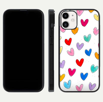 Playful Love Doodles iPhone 12 Mini glass phone case front and side layout view showing slim build and full doodle coverage
