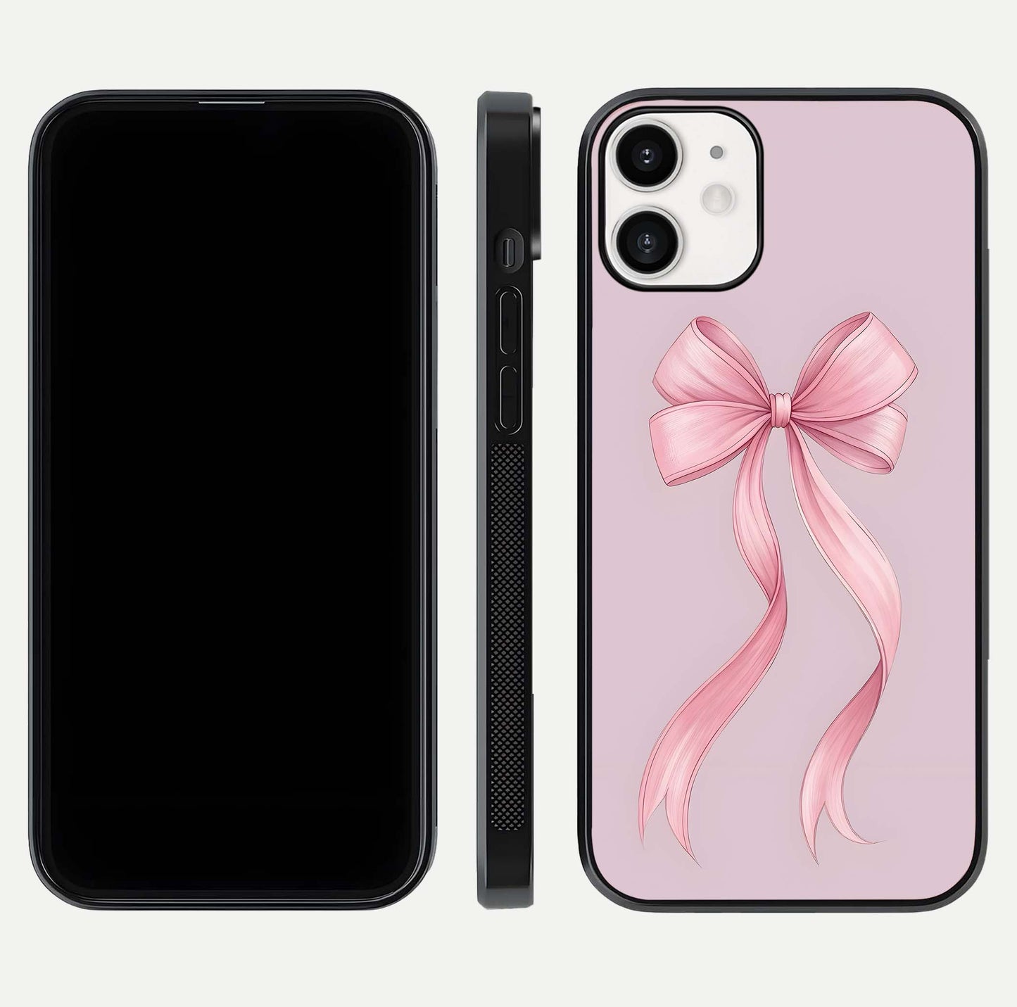 Soft Blush Bow iPhone 12 Mini glass phone case front and side layout view displaying slim profile and gentle aesthetic